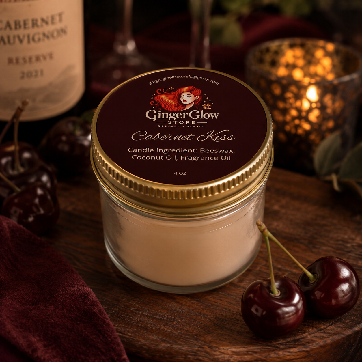 Cabernet Kiss Candle | 4 oz Beeswax & Coconut Oil Candle WITH a wick